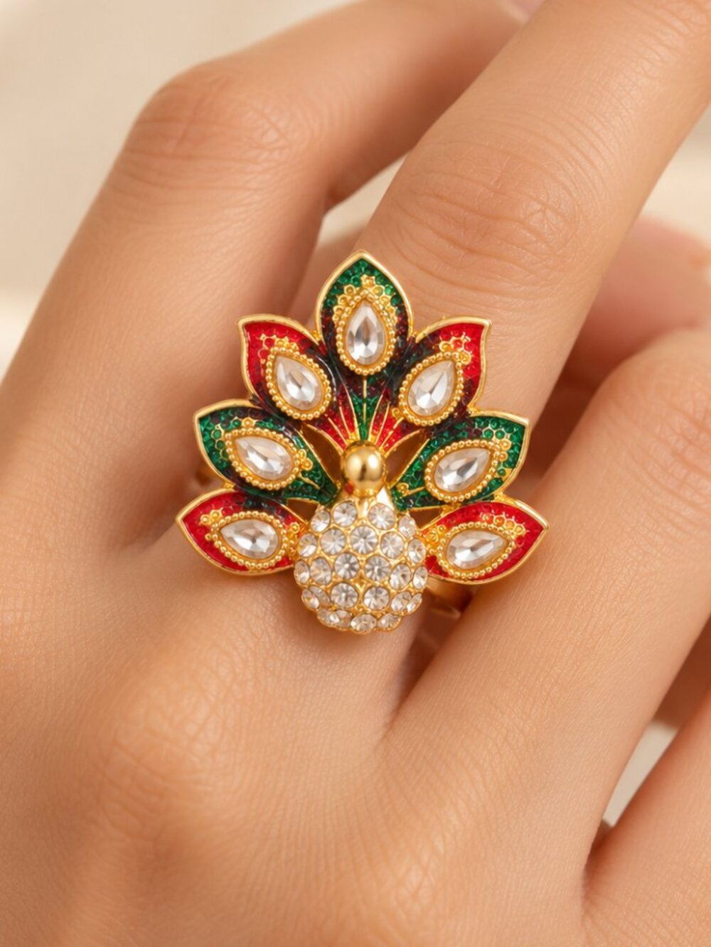 Gold Tone Peacock Enamel Crystal Adjustable Statement Ring